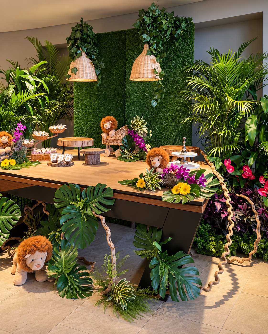Ambientación tropical para un evento de Vivero Rose