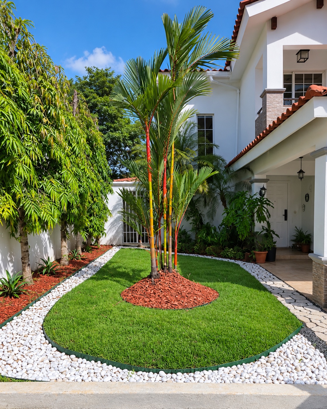 Jardín residencial con palmas y bordes de piedra de Vivero Rose