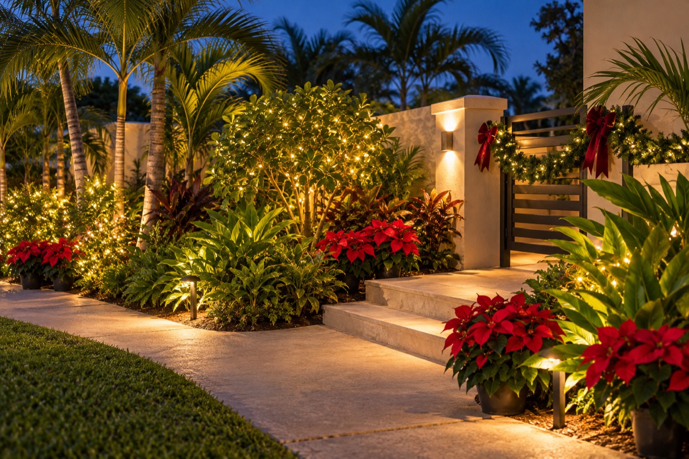Concepto ilustrativo de entrada residencial con jardín e iluminación navideña