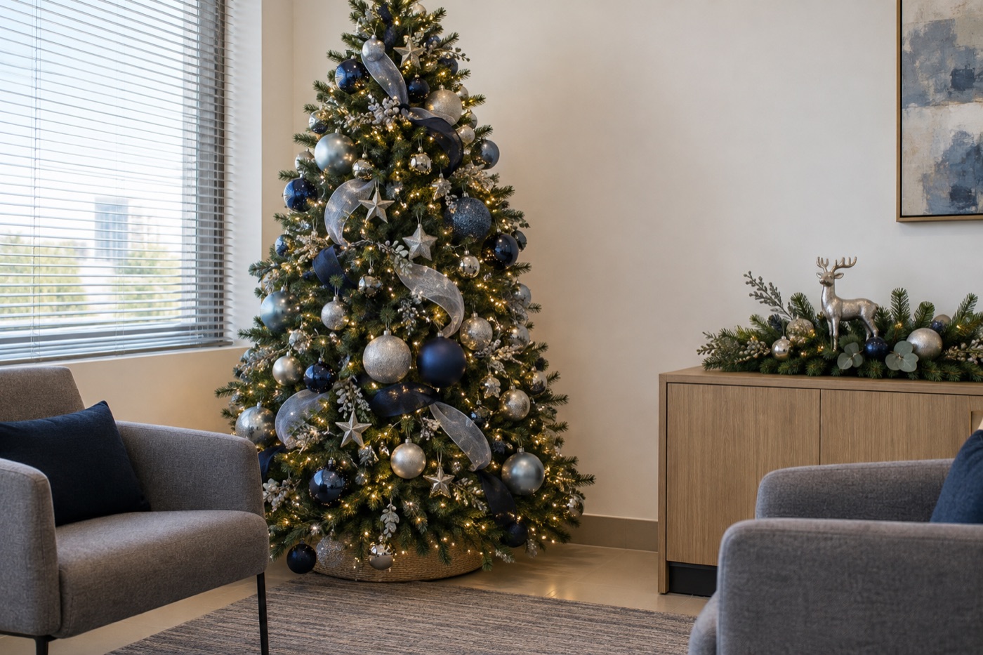 Concepto de oficina con decoración azul y plateada