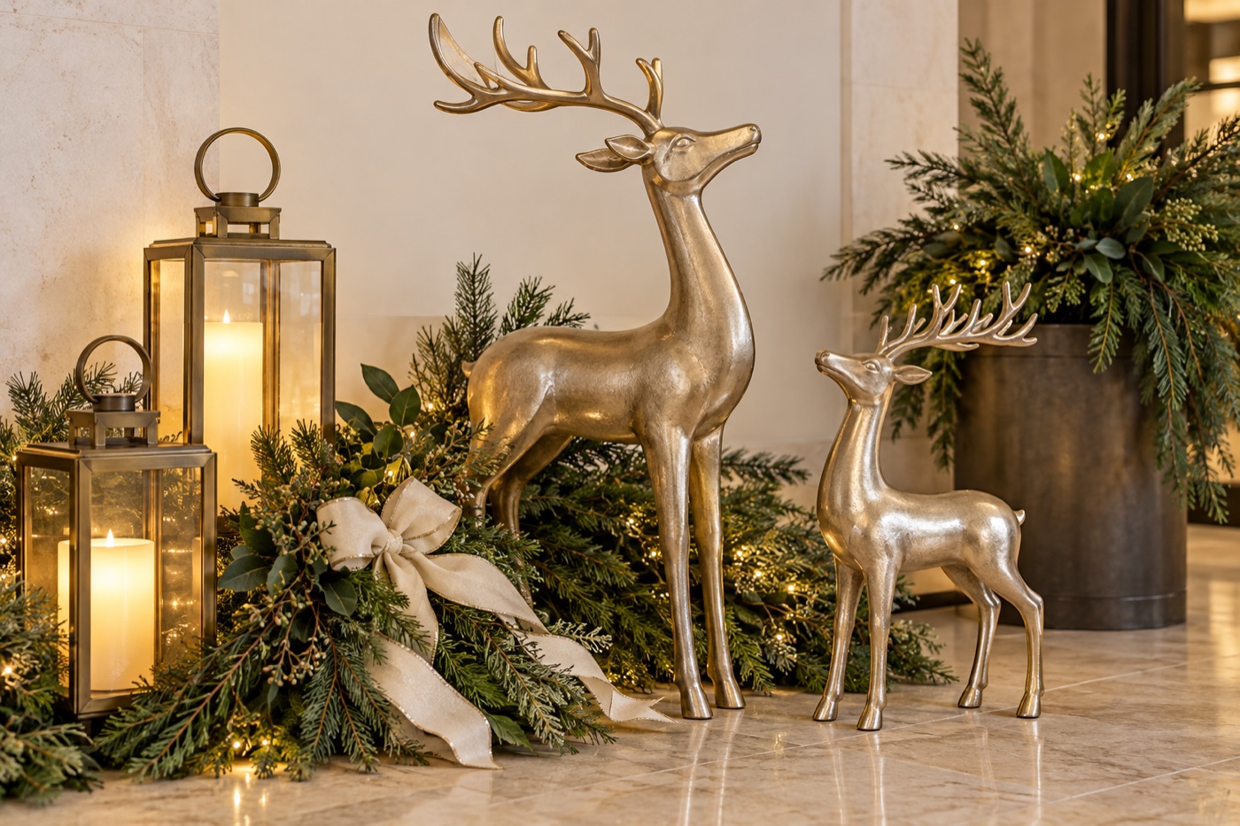 Concepto de detalle navideño con renos metálicos y follaje